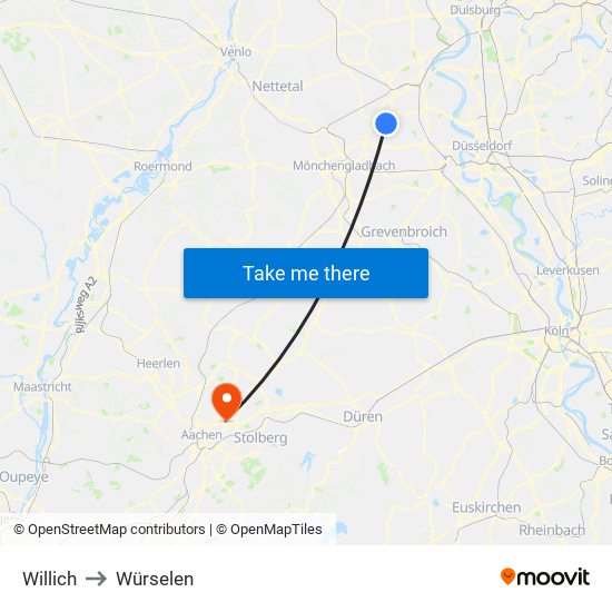 Willich to Würselen map