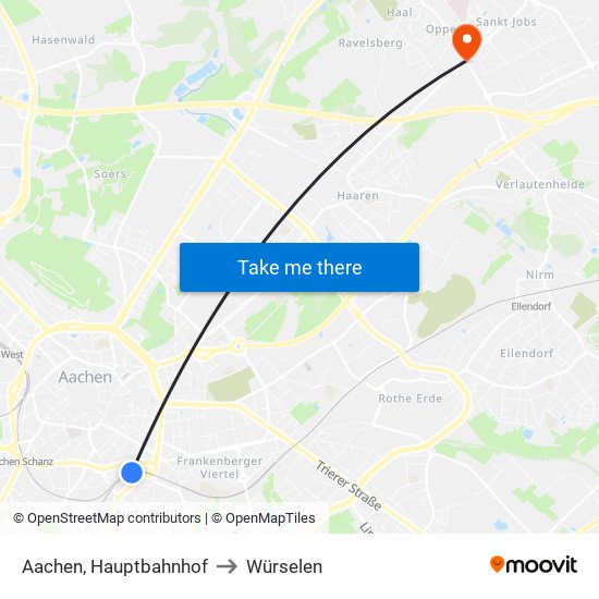 Aachen, Hauptbahnhof to Würselen map