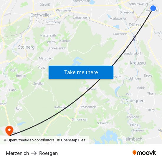 Merzenich to Roetgen map