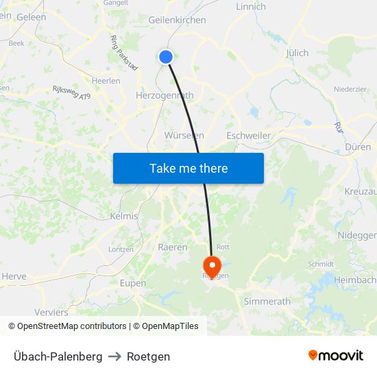 Übach-Palenberg to Roetgen map