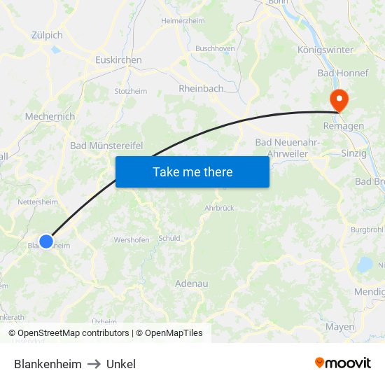 Blankenheim to Unkel map