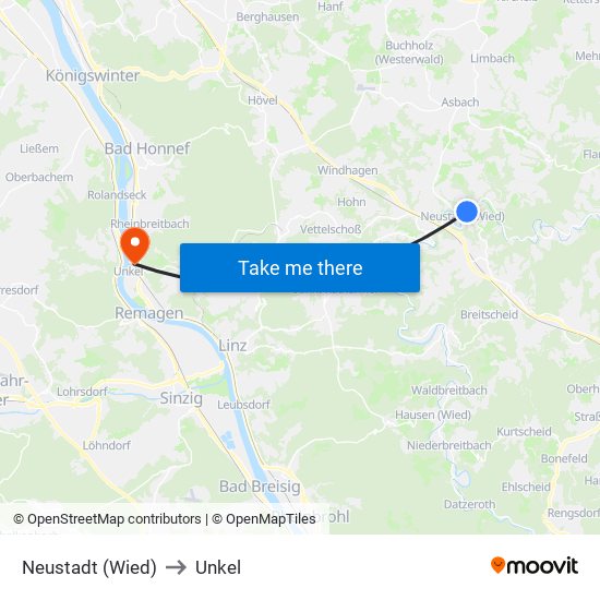 Neustadt (Wied) to Unkel map