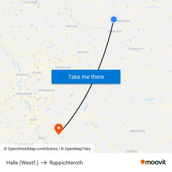 Halle (Westf.) to Ruppichteroth map