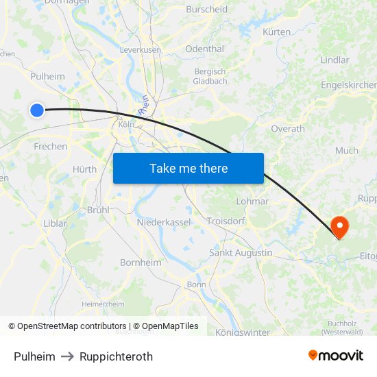 Pulheim to Ruppichteroth map