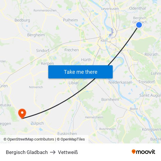 Bergisch Gladbach to Vettweiß map