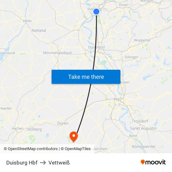Duisburg Hbf to Vettweiß map