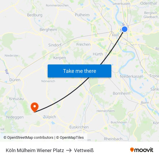 Köln Mülheim Wiener Platz to Vettweiß map