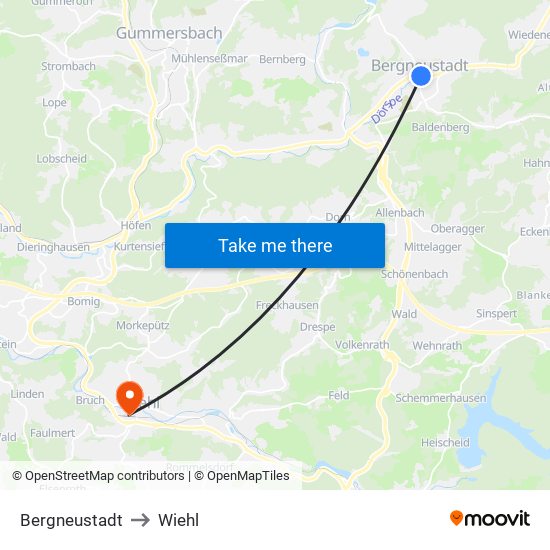 Bergneustadt to Wiehl map