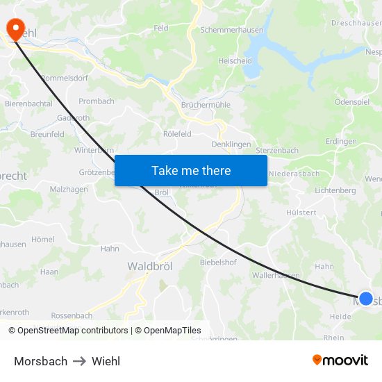 Morsbach to Wiehl map