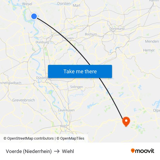 Voerde (Niederrhein) to Wiehl map