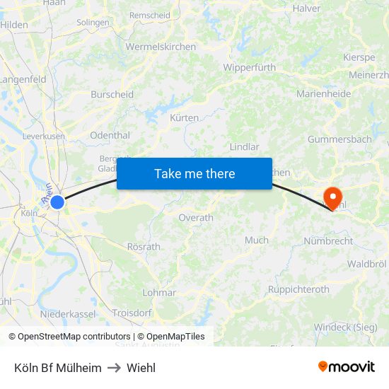Köln Bf Mülheim to Wiehl map