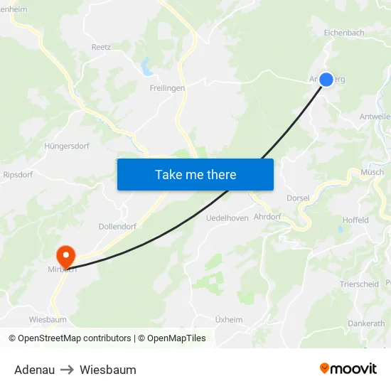 Adenau to Wiesbaum map