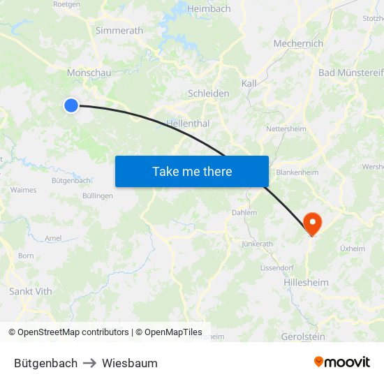 Bütgenbach to Wiesbaum map