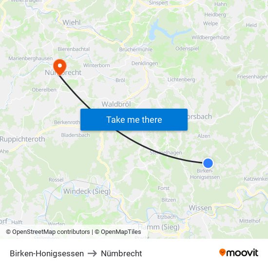 Birken-Honigsessen to Nümbrecht map