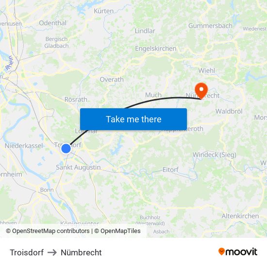 Troisdorf to Nümbrecht map