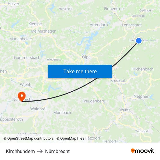 Kirchhundem to Nümbrecht map