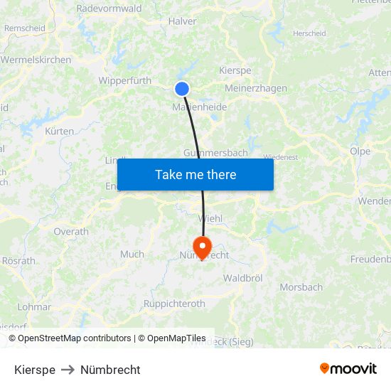 Kierspe to Nümbrecht map