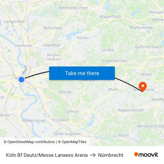 Köln Bf Deutz/Messe Lanxess Arena to Nümbrecht map