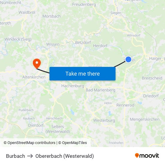 Burbach to Obererbach (Westerwald) map