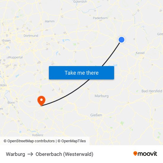 Warburg to Obererbach (Westerwald) map