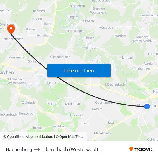 Hachenburg to Obererbach (Westerwald) map