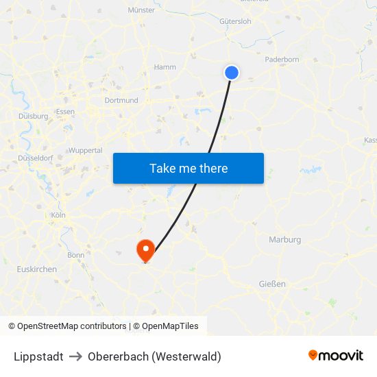 Lippstadt to Obererbach (Westerwald) map