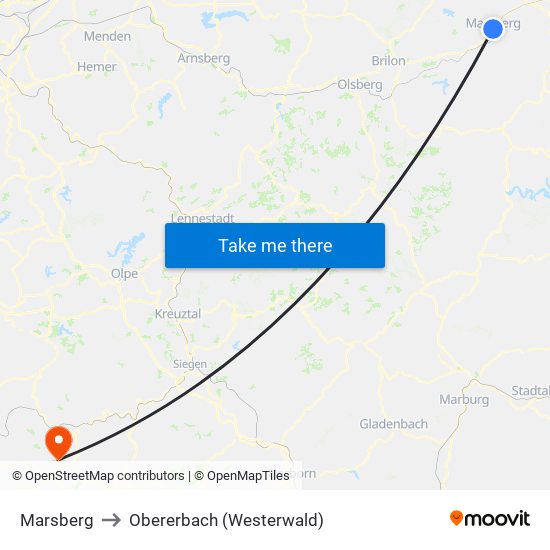 Marsberg to Obererbach (Westerwald) map