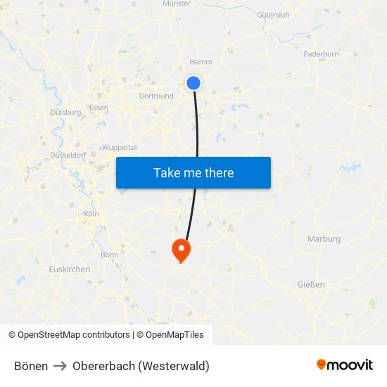 Bönen to Obererbach (Westerwald) map