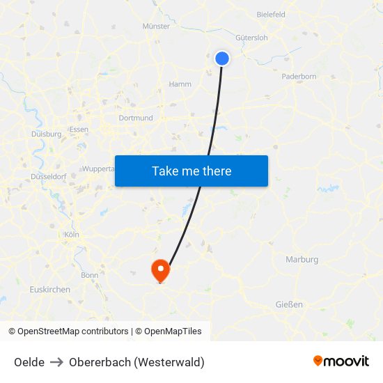 Oelde to Obererbach (Westerwald) map