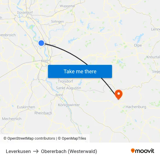 Leverkusen to Obererbach (Westerwald) map