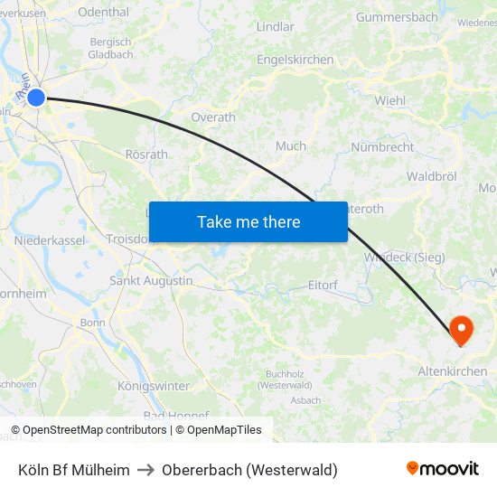 Köln Bf Mülheim to Obererbach (Westerwald) map