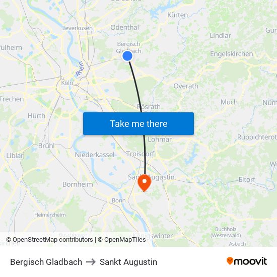 Bergisch Gladbach to Sankt Augustin map