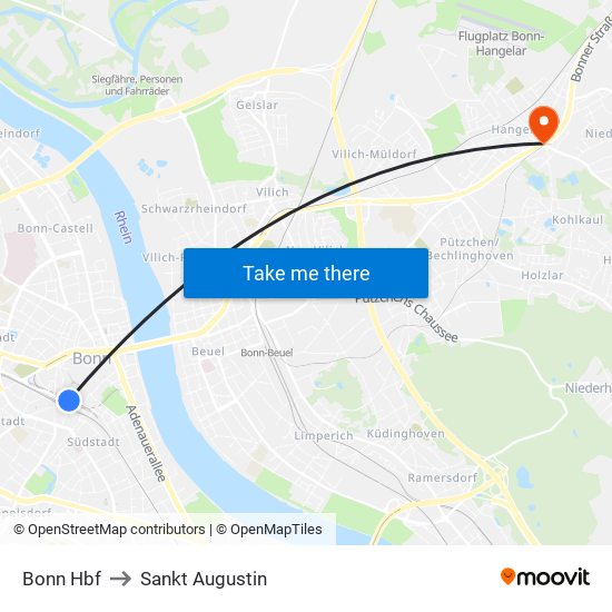 Bonn Hbf to Sankt Augustin map