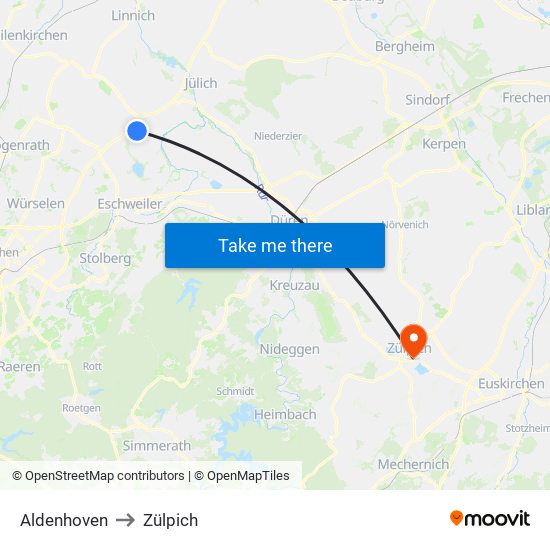Aldenhoven to Zülpich map