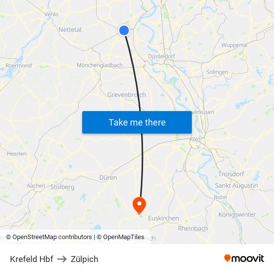 Krefeld Hbf to Zülpich map