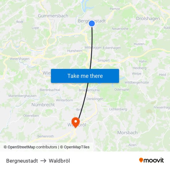 Bergneustadt to Waldbröl map