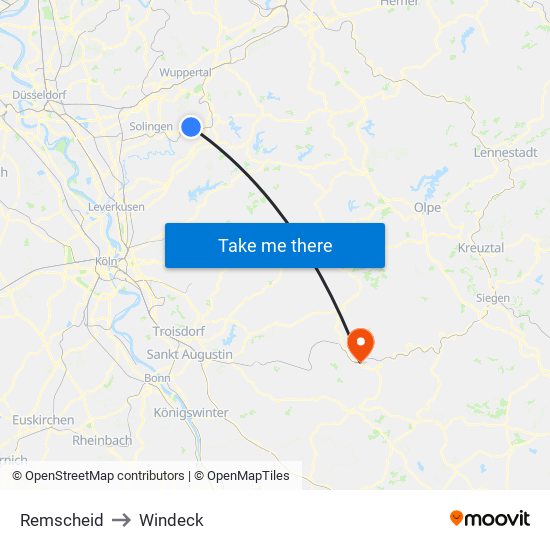 Remscheid to Windeck map