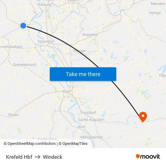 Krefeld Hbf to Windeck map