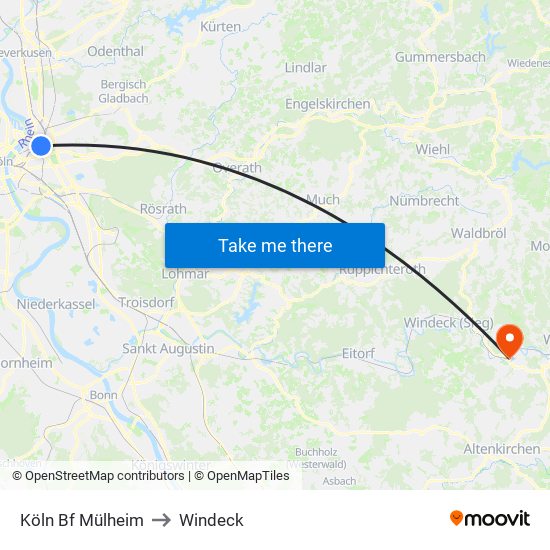 Köln Bf Mülheim to Windeck map