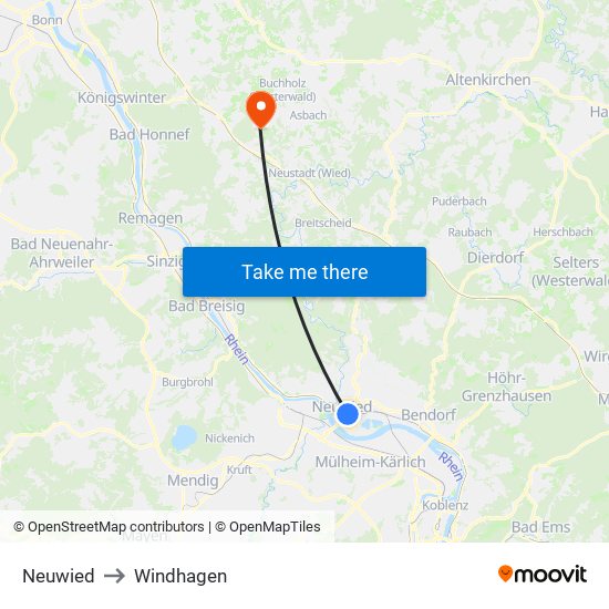 Neuwied to Windhagen map