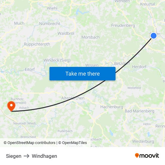 Siegen to Windhagen map