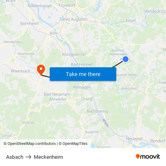 Asbach to Meckenheim map