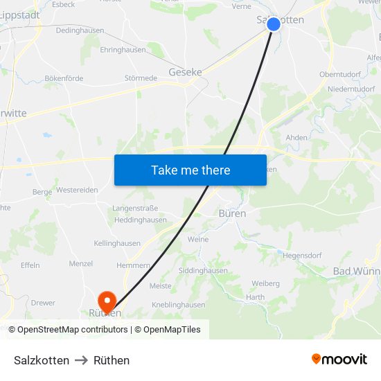 Salzkotten to Rüthen map