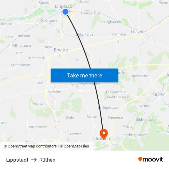 Lippstadt to Rüthen map