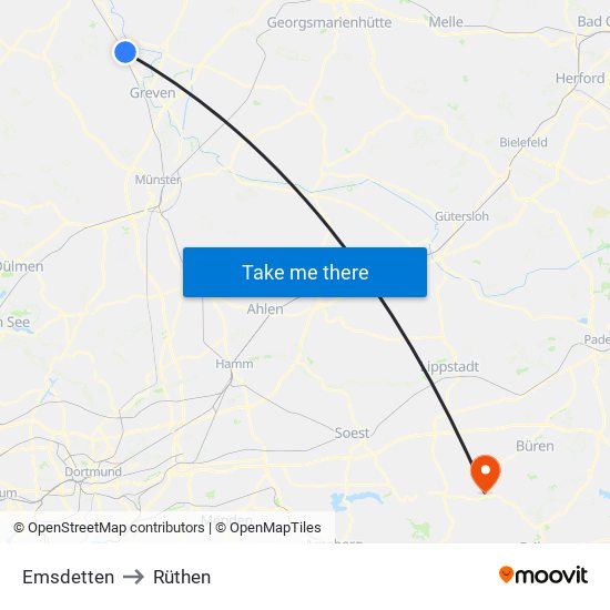 Emsdetten to Rüthen map