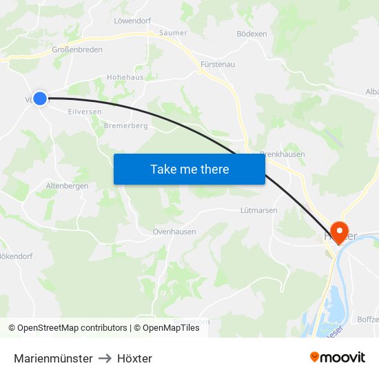 Marienmünster to Höxter map