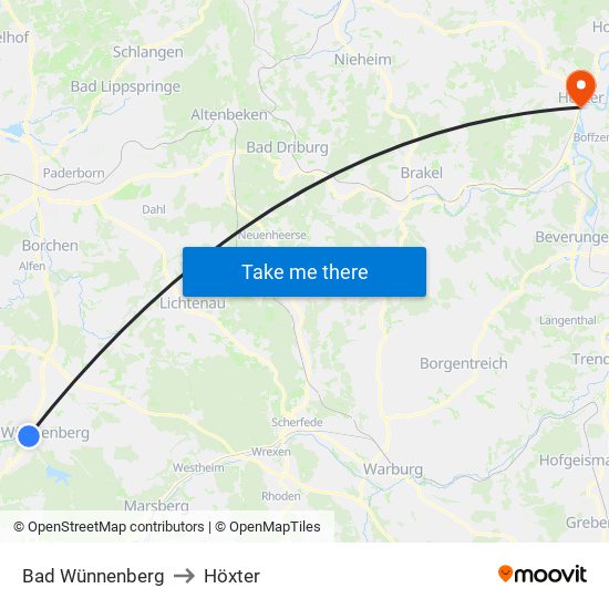 Bad Wünnenberg to Höxter map
