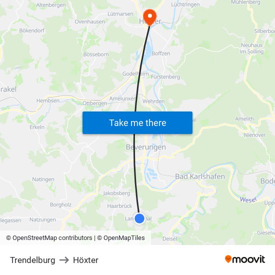 Trendelburg to Höxter map