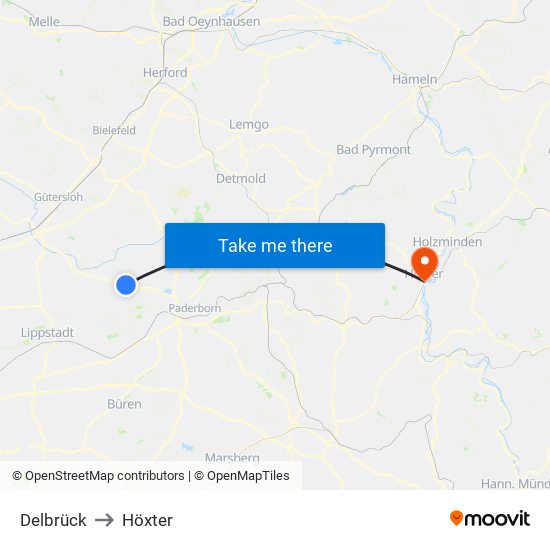 Delbrück to Höxter map