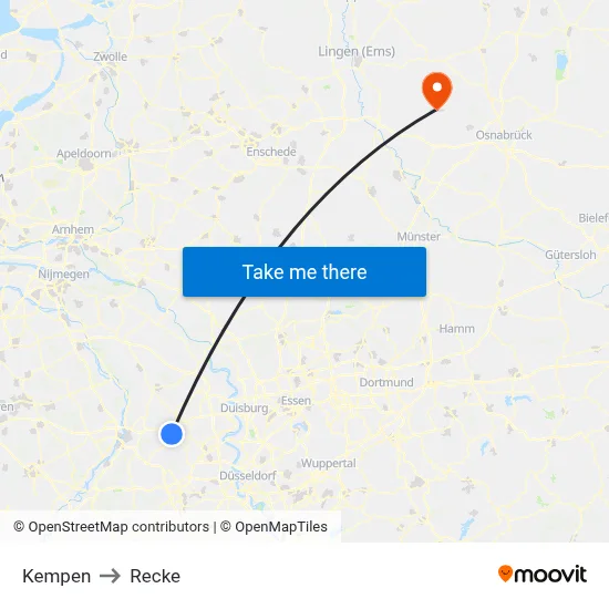 Kempen to Recke map